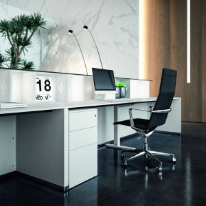 Lux counter in titanium grey melamine with steel shelf supports