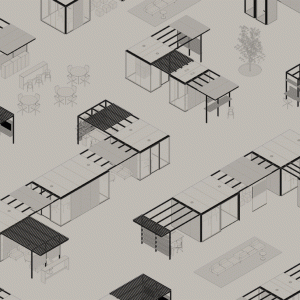 Sliding curtains on the upper beams of CSS_Village by Citterio
