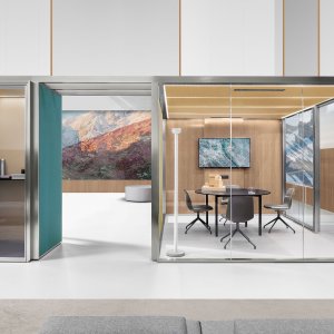Sound-absorbing fabric panels of the Citterio CSS_Village system