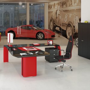 Touch controls of the Soundoffice system on the leather desk pad of an AlfaOmega desk
