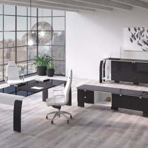 Modern executive desk AlfaOmega by Codutti with Soundoffice speakers under the glass top