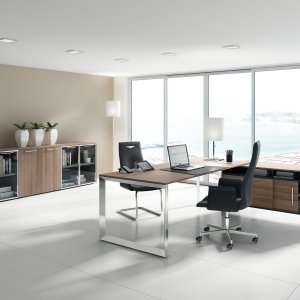 Italian office desk Attiva with panelled sides in terra dyed ash and white top