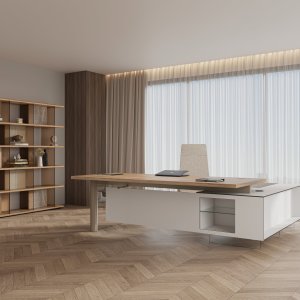 Cloud desk with lateral cabinet, 102 × 83 in footprint