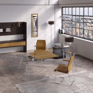 Genesis desk on four polished cast-aluminum legs with wengé oak top