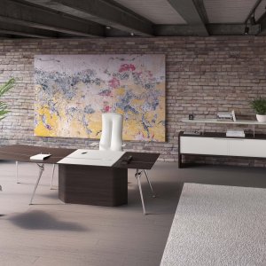 Genesis modular conference table in leather with chromed profile between tops
