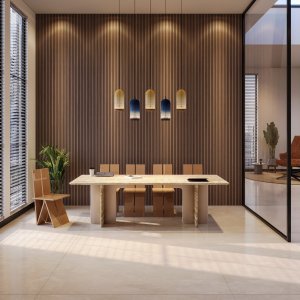 Ginza conference table in solid wood with wooden chairs in a meeting room