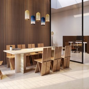 Conference table Ginza by Codutti in Roman travertine, ready for a meeting