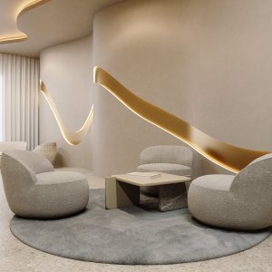 The lacquered base panel of the Ginza table next to the travertine panel