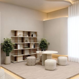 Ginza round table with three armchairs against a slatted wood wall