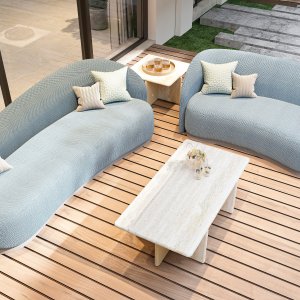 Round Ginza table 47 1/4 in across on two crossed panels in an informal corner