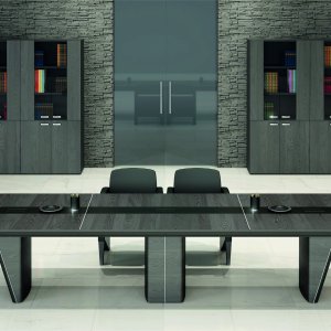 Oval iSixty conference table on wooden half-columns with chrome band