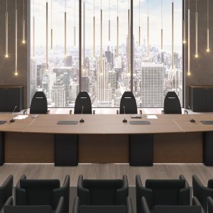 Semi-oval AlfaOmega conference table with full-height back panel