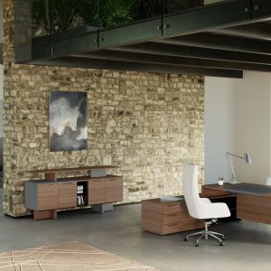 Extension of a One desk by Codutti with glass shelves, laptop bay and bag bay