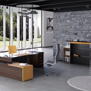 Tobacco walnut top with brick-red hide insert on a One executive desk