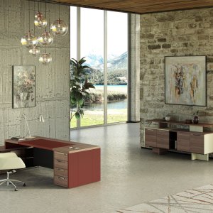 Contemporary office desk One by Codutti with extra-clear glass top on mirror-polished steel crossbars