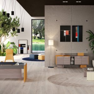 Round meeting table One by Codutti with square hide-covered column