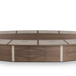 Saddle leather insert set flush into the walnut top