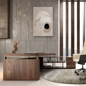 Dark brown padded eco-leather strips on the modesty panel of an I Rovereschi desk