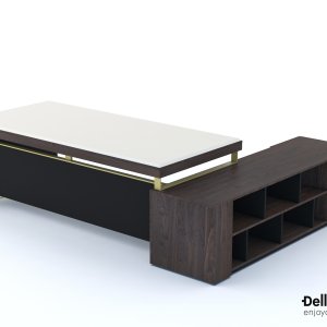 Glossy black floor-standing modesty panel behind an I Rovereschi desk