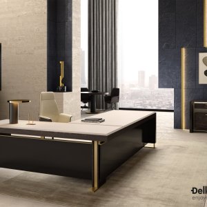 Bellagio desk by Della Rovere with brass-colored steel ring under the top