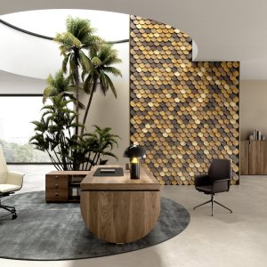 Corner office with I Rovereschi desk, external return and ribbed-glass bookcase