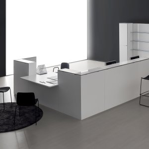 Anodized aluminum plinth under a Qubo reception counter