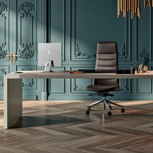 Quadrifoglio e-10 desk with black leather inlay in a corner office