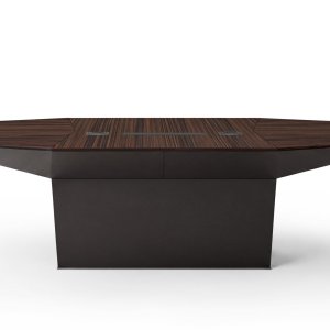 Eidos desk in dark rosewood with trapezoid base clad in saddle leather