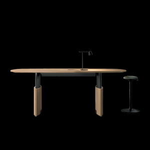 Eleva desktop from above with leather pad and connected devices