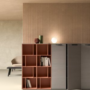 Four curated Eleva mood boards of oak leather and lacquer
