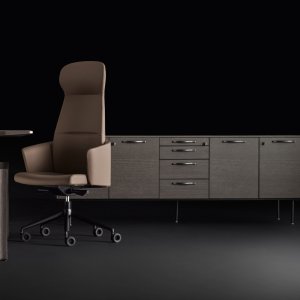 Eleva rising desk docked to its service credenza in grey oak