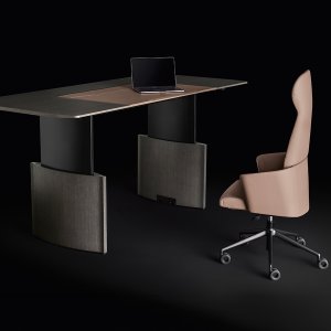 Eleva executive standing desk by Bralco with oak top and leather inlay