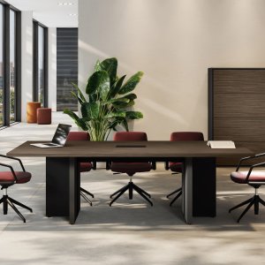 Elite modern executive desk by Las Mobili in Dark Poplar with integrated power beam and black storage wall