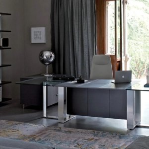 Designer desk Altagamma by Estel in veneer with a flush top access and frame legs