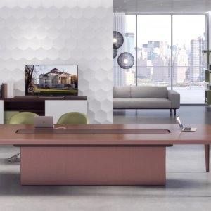 Service unit in Laccato Sablé with the top access open under the desk of Grand More