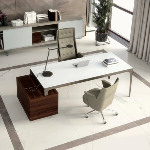 Sharing table Grand More with the sound-absorbing panel raised along the center