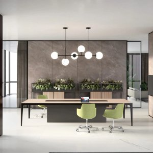 Executive desk Grand More by Estel with a light top on a service unit at a right angle