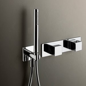 Fantini Mint wall-mount faucet in Matt Gun Metal, seen from the left of the sink