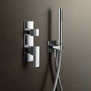 Chrome wall-mount Mint faucet by Fantini on two escutcheons, 7.5 in spout