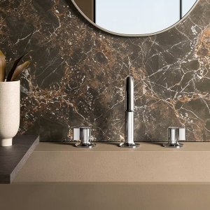 Designer faucets: Flora by Fantini in Matt Gun Metal, four-wing handle style