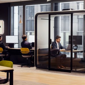 All glass front of the Framery Four meeting pod