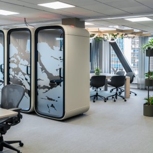Matte steel exterior finish of the Framery One Compact pod
