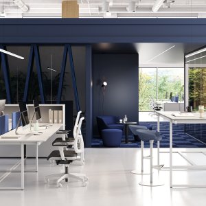 Desk-height storage carrying a Be.1 bench