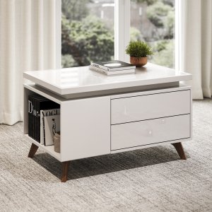 DR desk resting on its supporting service unit, left-hand layout