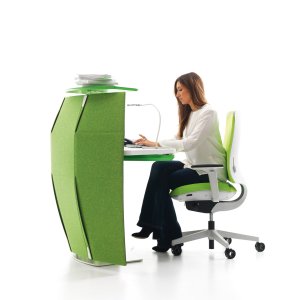 Funny Sat lowered to seated height with receptionist at work
