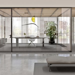 Round Hito meeting table with central steel column in Pewter finish