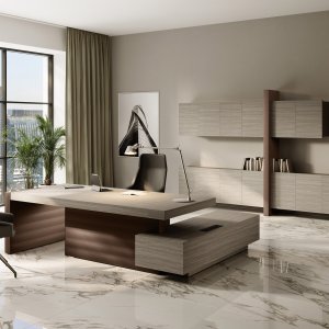 Jera executive desk by Las Mobili in Bali Walnut — 3.5-inch worktop, front view, Orlandini Design