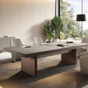 Jera conference table 110-inch, Wengé finish — integrated cable management, Slate eco-leather panels