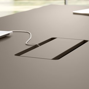 Jera Las Mobili top-access open — concealed power outlets, RJ45 data ports, USB charging built into executive desk