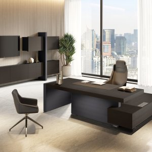 Complete executive office system — Jera desk, totem cabinet, suspended storage, Italian design by Las Mobili